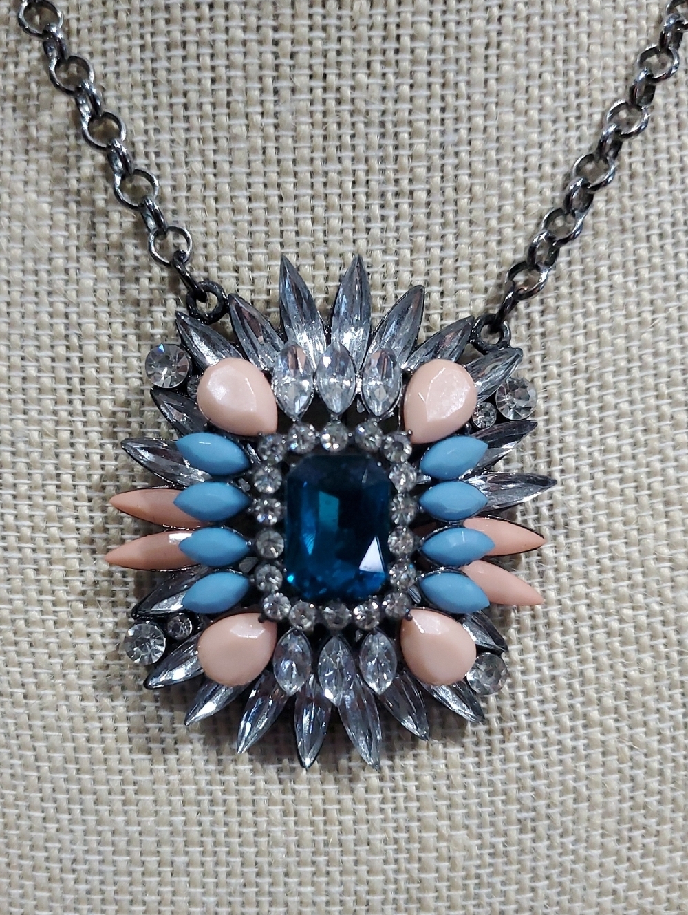 Blue Crystal Statement Pendant Necklace with Pink and Light Blue Accents